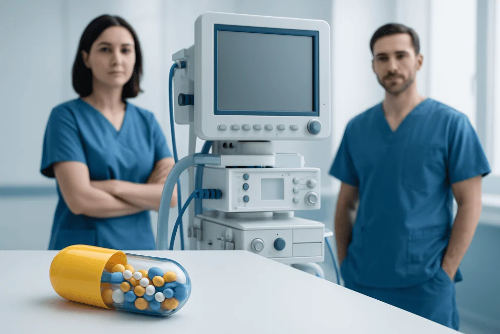 Medical professionals with hospital equipment and medication in a clinical setting.