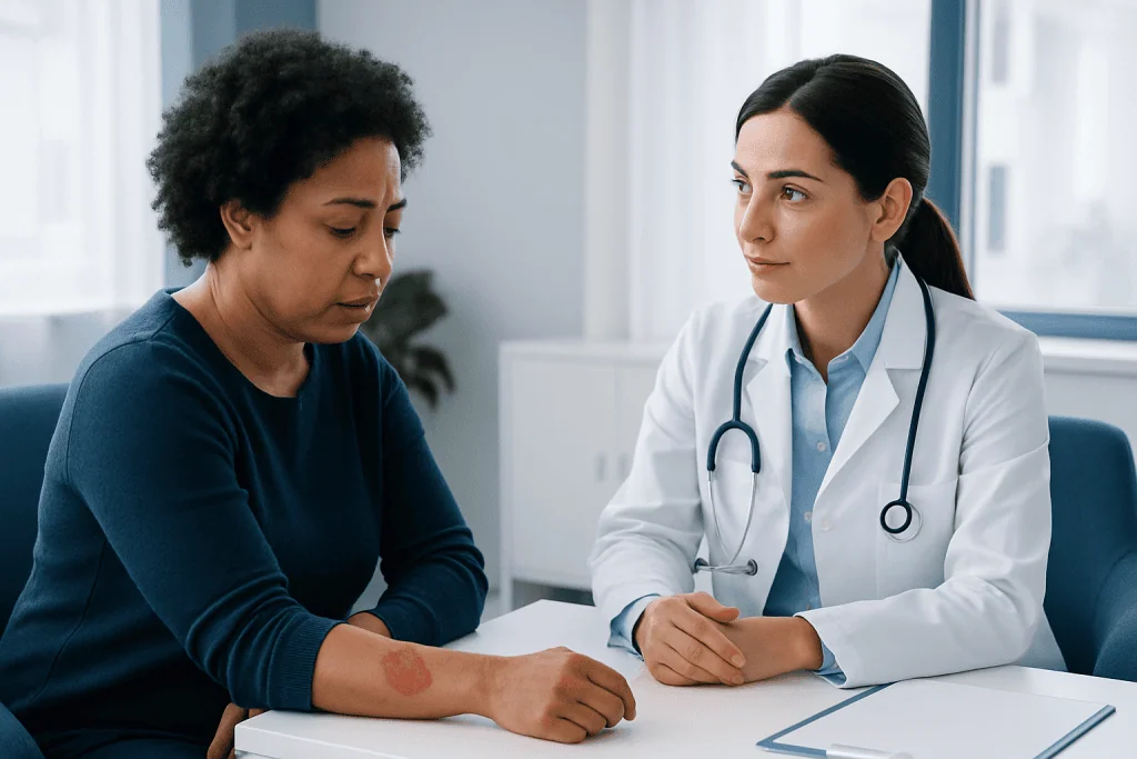 Doctor examining patient's skin lesion in consultation room.