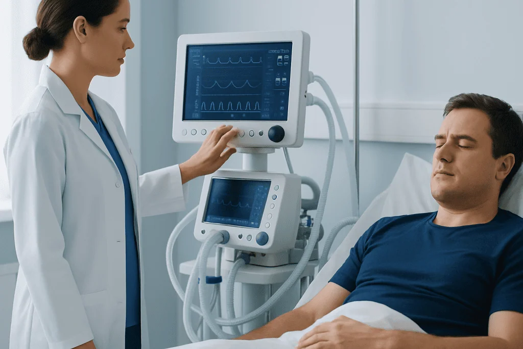Doctor monitoring patient with medical equipment in hospital room.