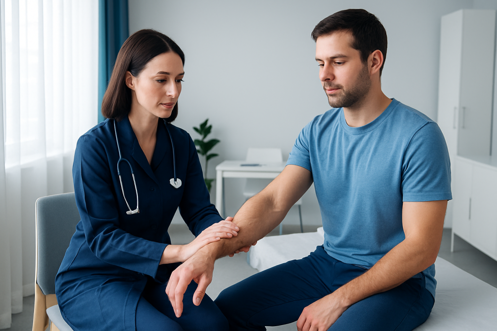 Doctor performing muscle testing on a patient in a clinical setting.