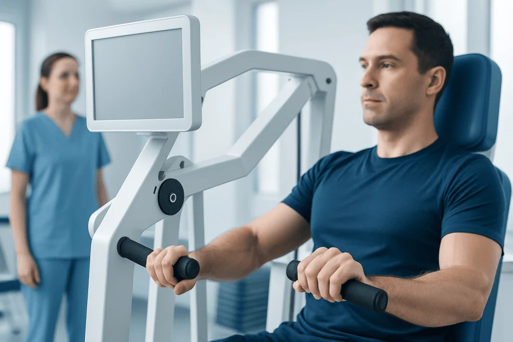 Man using gym equipment for strength training at Acibadem Hospital.
