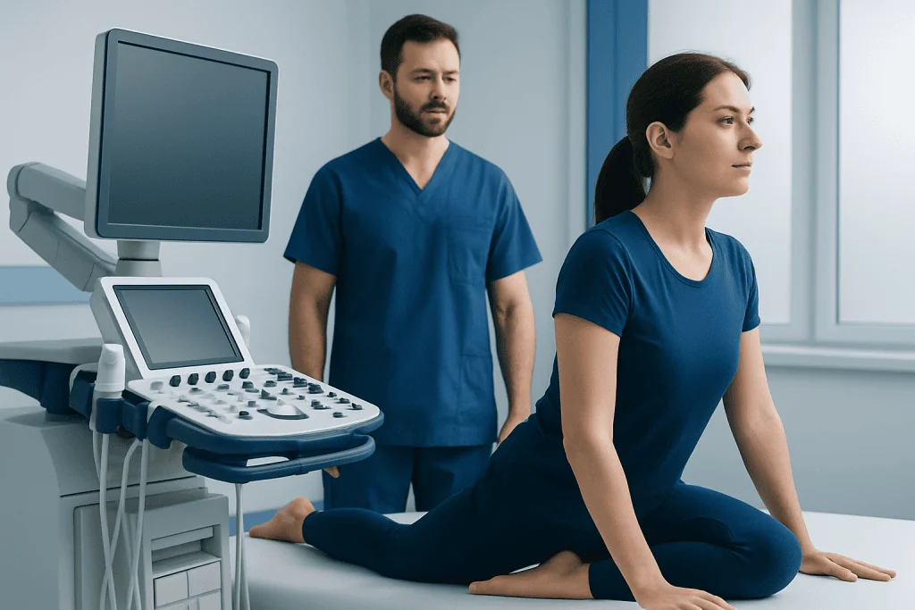 Medical professional performing pigeon stretch exercise in clinic setting.