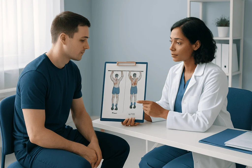 Doctor explaining muscle differences to patient during consultation.