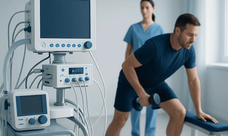 Patient performing exercise with medical monitoring equipment in hospital.