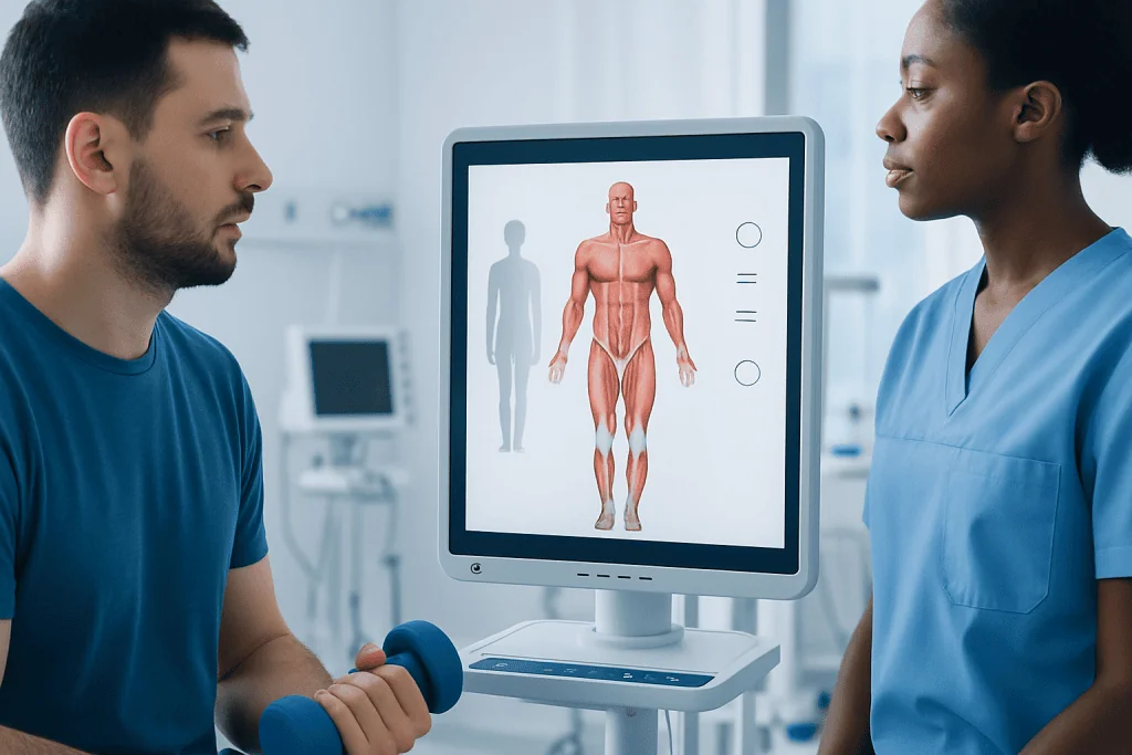Medical consultation with a focus on muscular anatomy and rehabilitation.