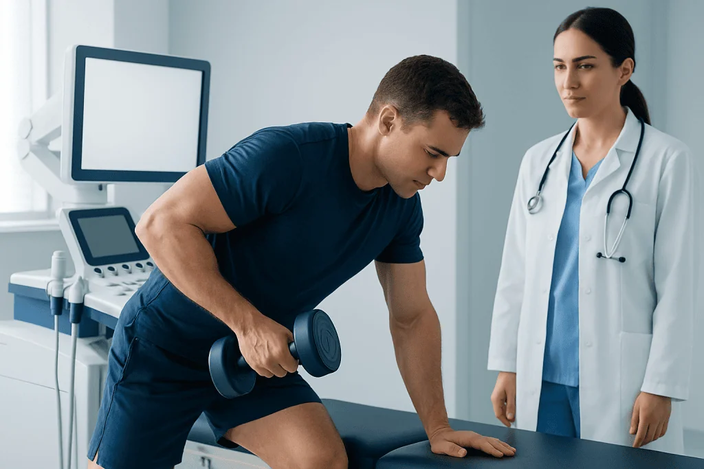 Patient performing a dumbbell row exercise with medical supervision.