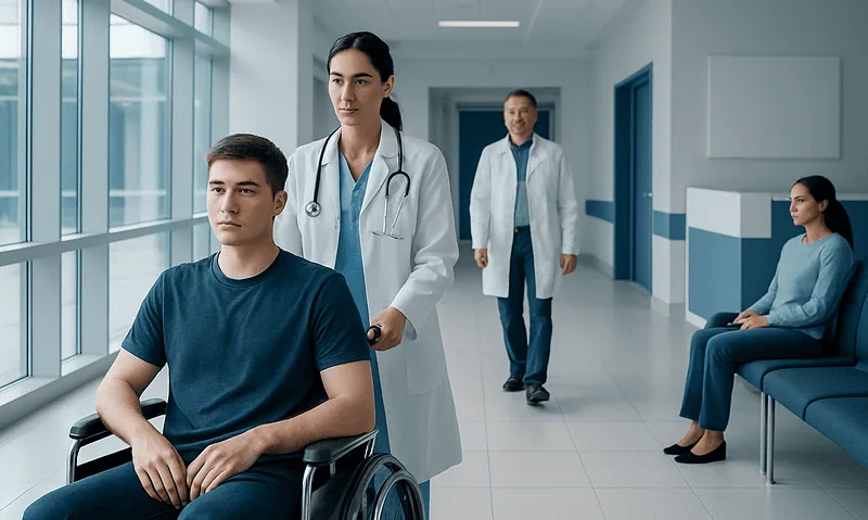Medical team with patient in hospital corridor, healthcare professionals and wheelchair user.