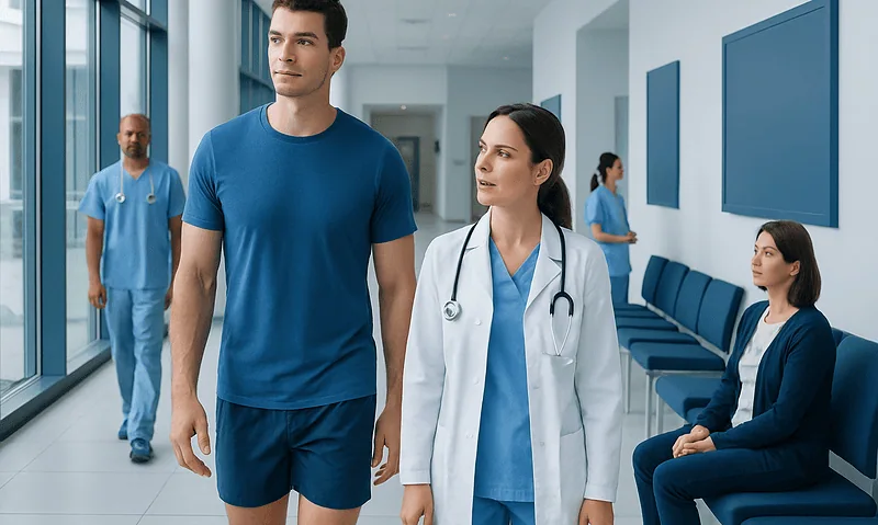 Young male patient walking in hospital corridor with medical staff nearby.