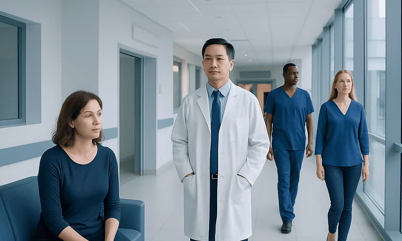 Medical professionals and patient in a hospital corridor at Acibadem Hospitals Group.