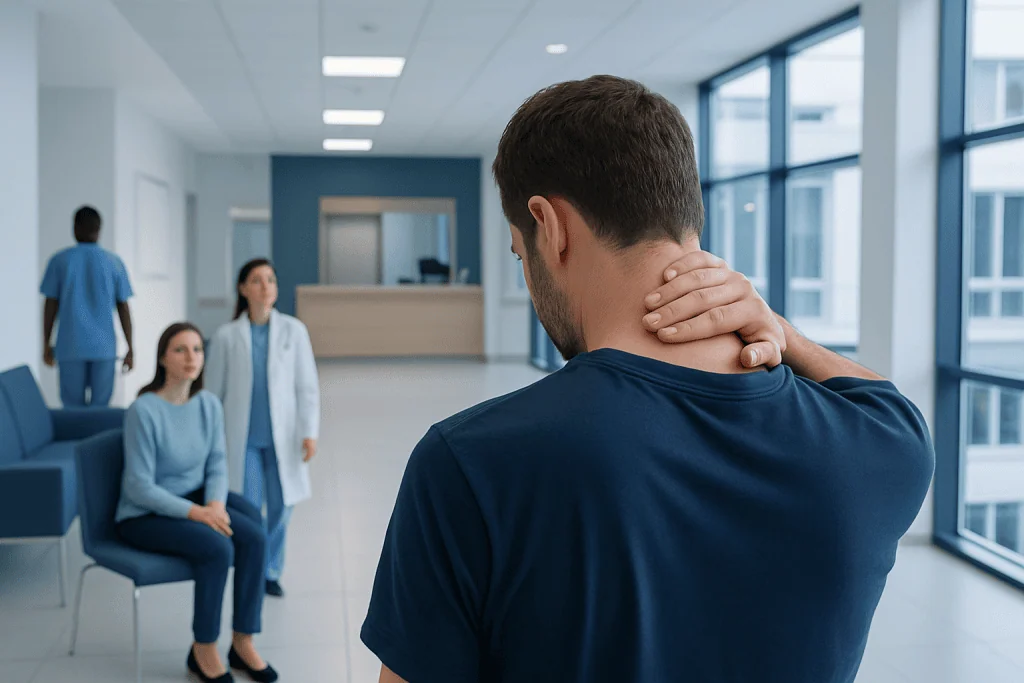 My Back Neck: What Patients Need to Know 1 Patient experiencing neck pain in a hospital waiting area.
