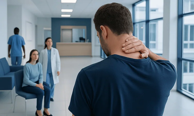 Patient experiencing neck pain in a hospital waiting area.