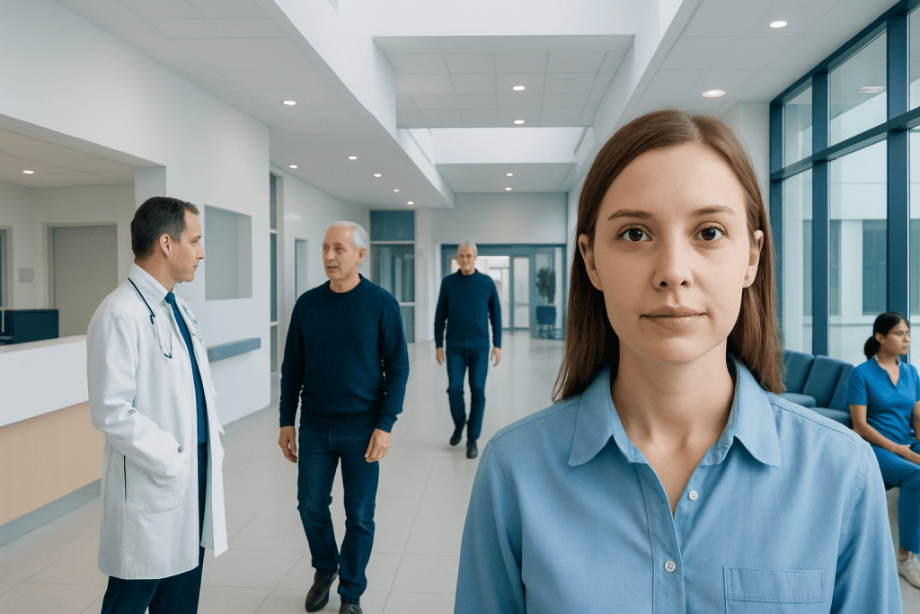 Mydriasis: An Evidence-Based Guide for Patients 1 Young woman patient in hospital corridor with medical staff and visitors.