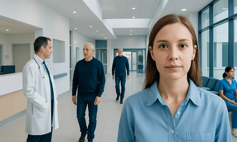 Young woman patient in hospital corridor with medical staff and visitors.