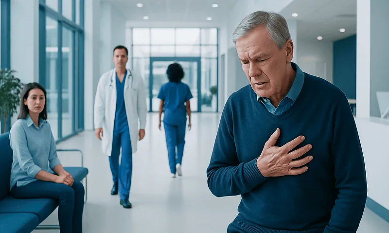 Senior man experiencing chest pain in hospital corridor with medical staff nearby.