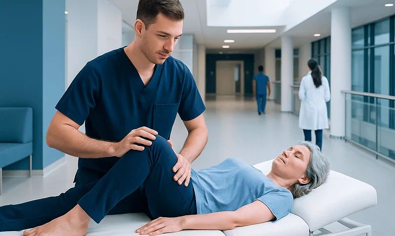 Medical professional performing myofascial release therapy on patient in hospital.