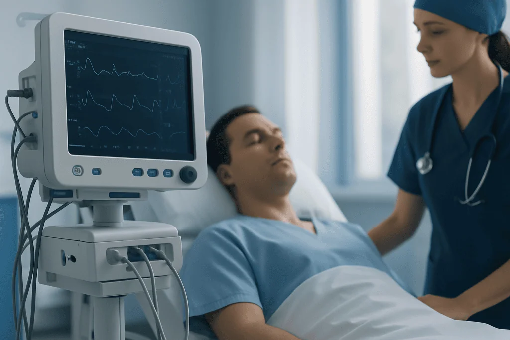 Patient in hospital bed monitored by medical staff and equipment.
