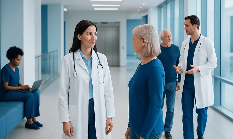 Medical professionals consulting with a patient in a hospital corridor.