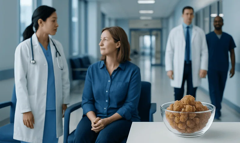 Patient consulting with medical staff in hospital corridor with a bowl of food on table.