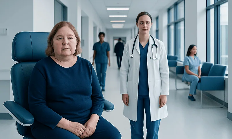 Patient in hospital waiting area with medical staff nearby.