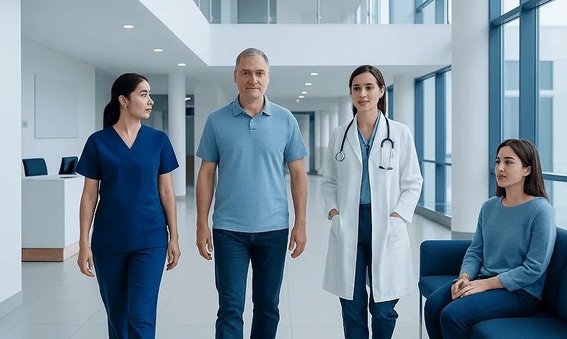 Medical team with patients in a modern hospital corridor.