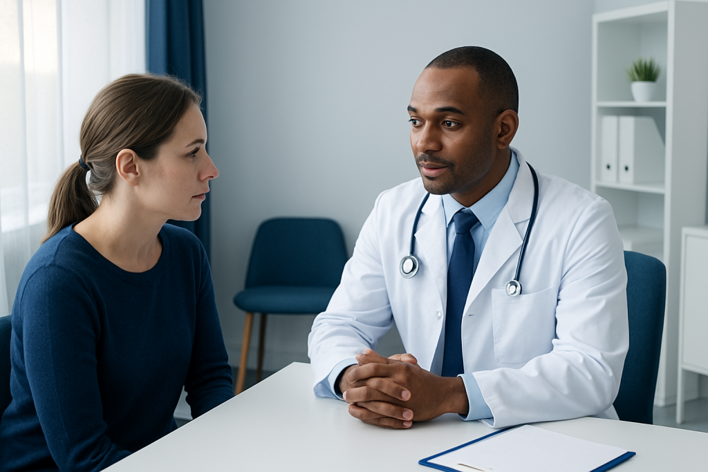 Doctor consulting with a female patient in a modern medical office.