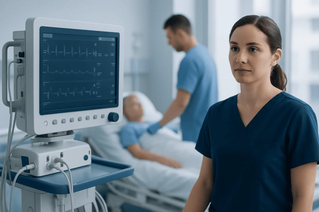 Healthcare professional monitoring patient with ECG in hospital setting.