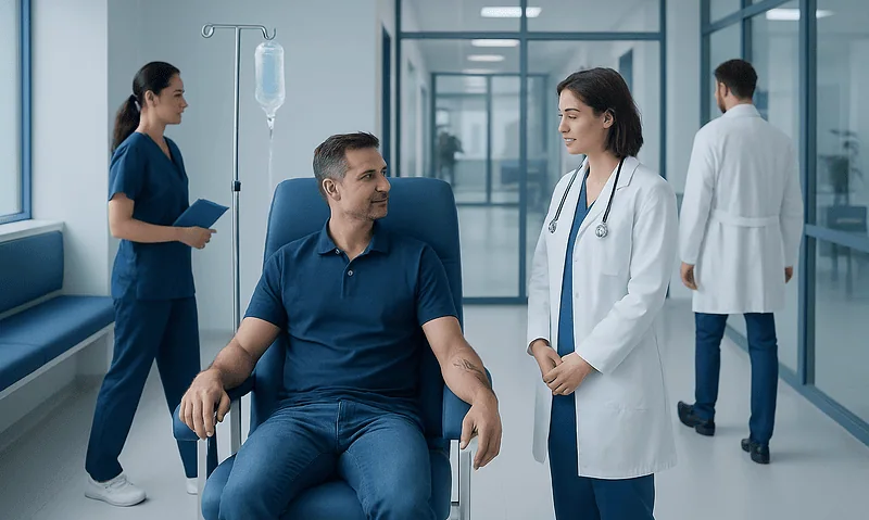 Patient receiving IV therapy in a hospital setting at Acibadem Hospitals Group.