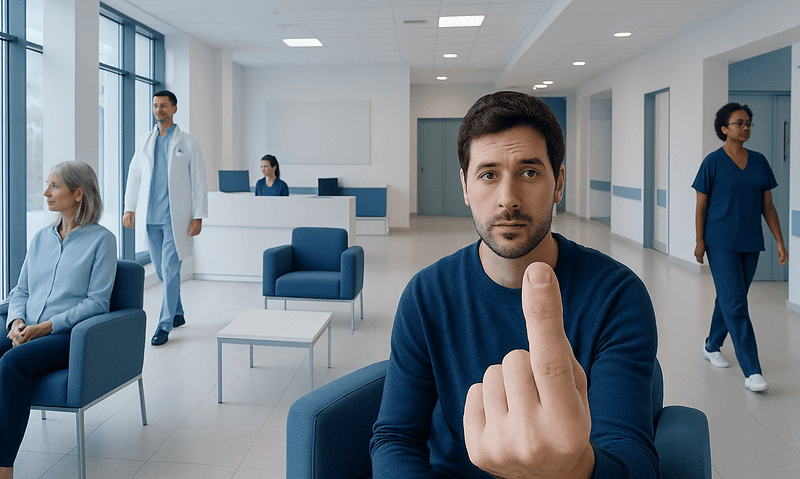 Patient showing finger with nail pitting in a hospital waiting area.