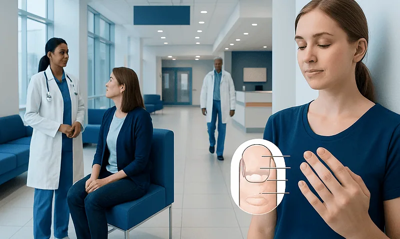 Medical professionals examining a patient's fingernail in a hospital setting.