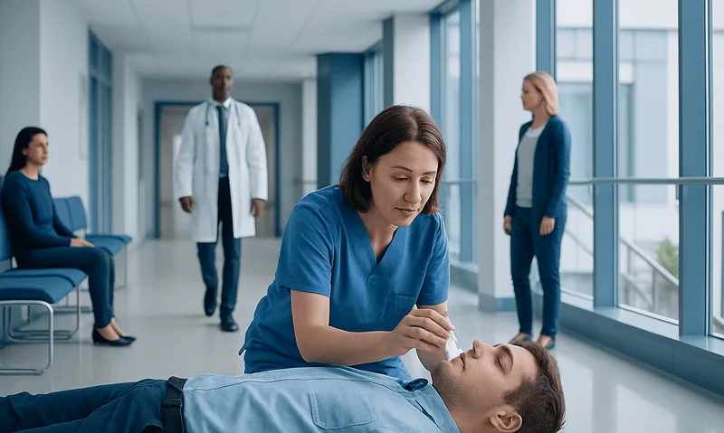 Nurse administering nasal spray to patient in hospital corridor.