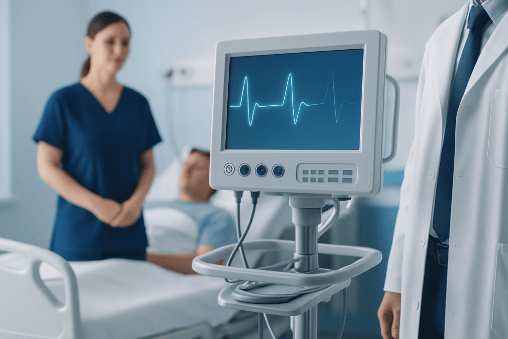 Hospital monitoring equipment with a patient and medical staff in background.