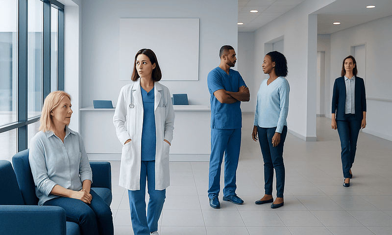 Medical staff and patient in hospital lobby at Acibadem Hospitals Group.
