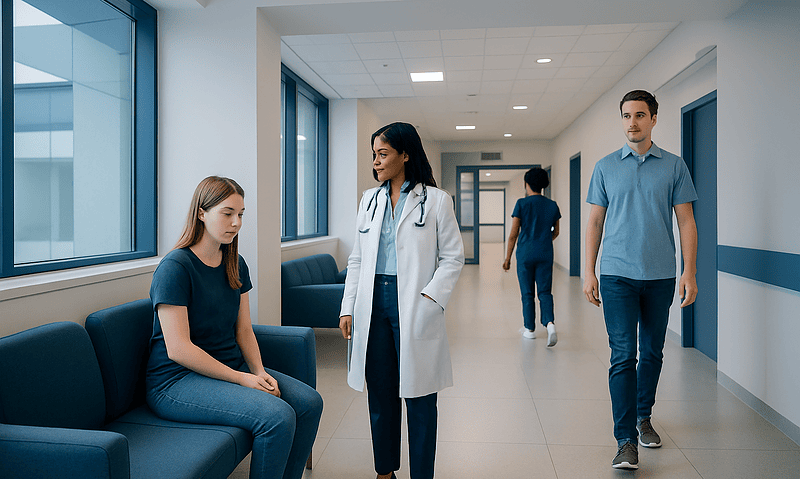 Medical consultation in a hospital corridor with a nurse and patients.