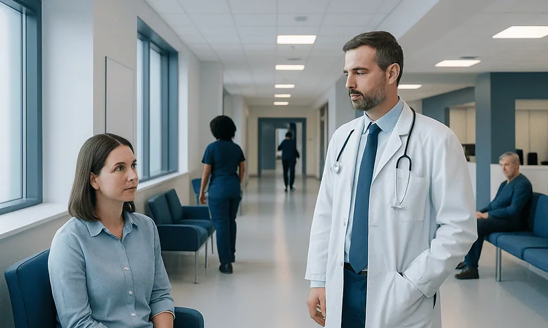 Doctor talking to a patient in a hospital corridor.