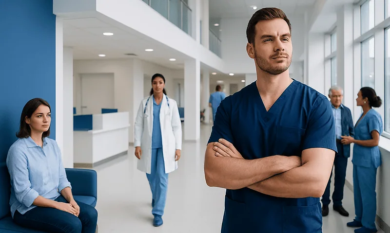 Confident male healthcare professional in hospital corridor with team members.