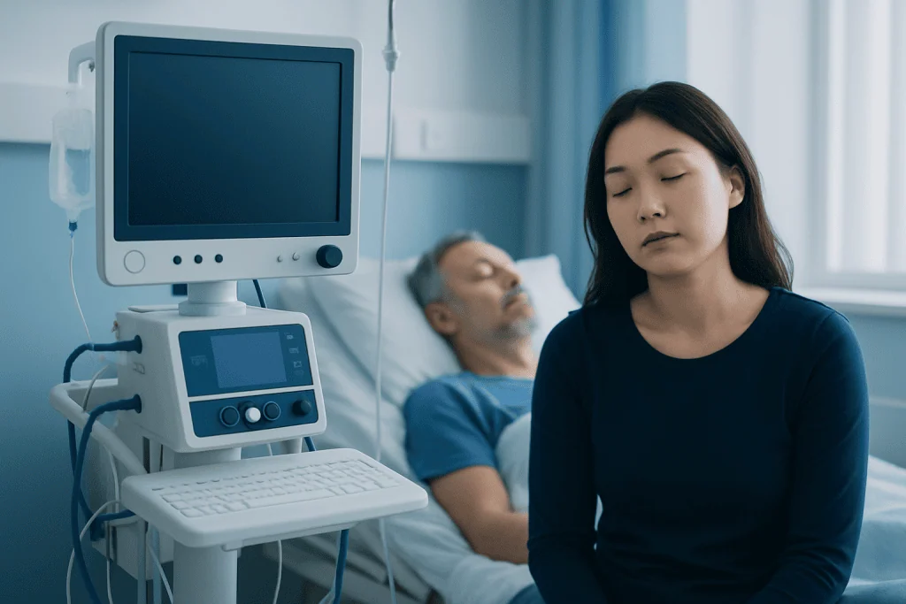 Young woman appears tired near a hospital bed with a patient and medical equipment.