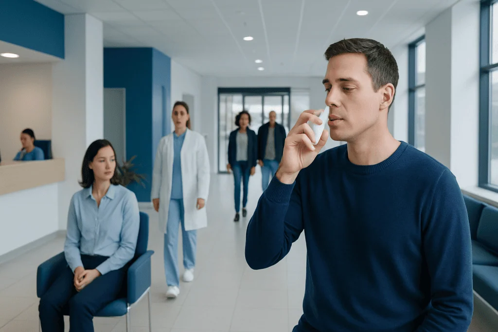 Nasal Spray: An Evidence-Based Guide for Patients 1 Man using nasal spray in a hospital waiting area with medical staff nearby.