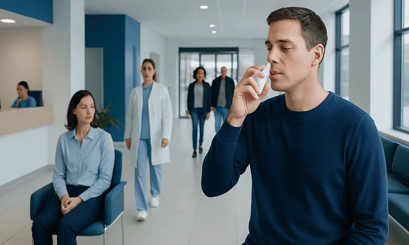 Man using nasal spray in a hospital waiting area with medical staff nearby.
