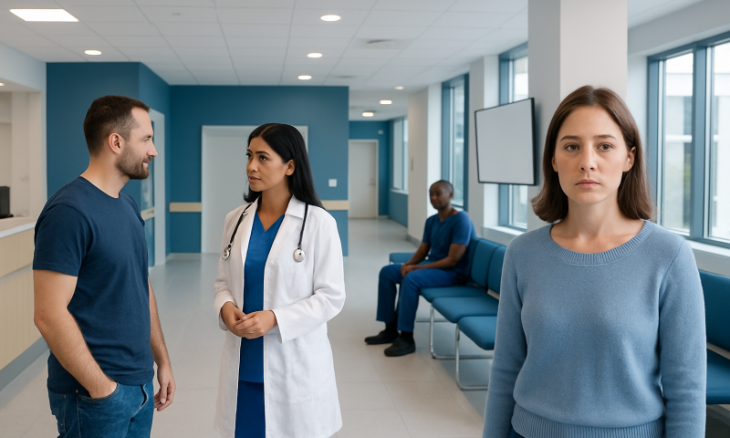 Patients and doctor in hospital corridor at Acibadem Hospitals Group.