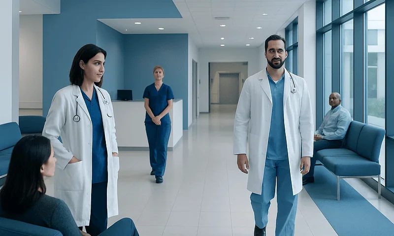 Medical team in hospital corridor with patients and staff.