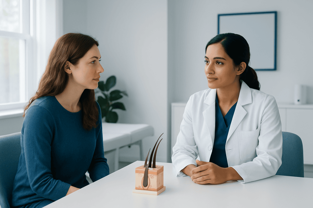 Doctor explaining hair dye safety to patient in clinic setting.