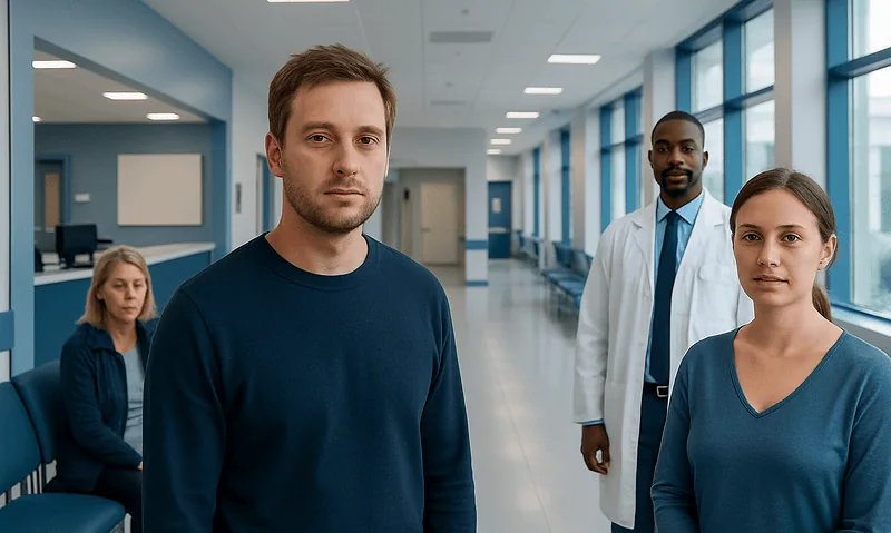 Patients and medical staff in a hospital corridor at Acibadem Hospitals Group.