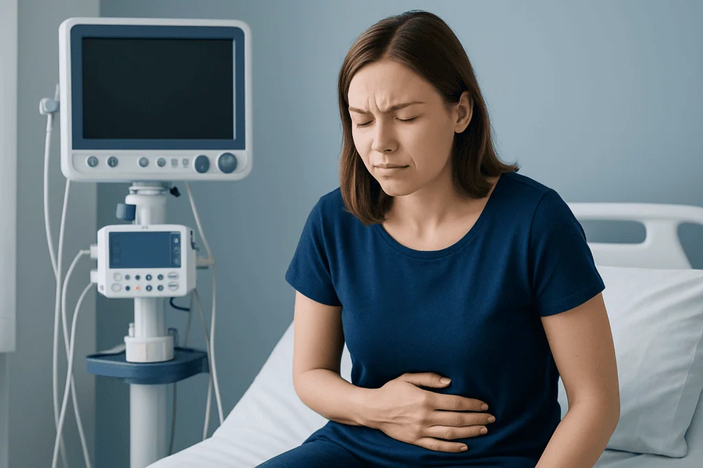 Young woman experiencing stomach pain in hospital room with medical monitor.
