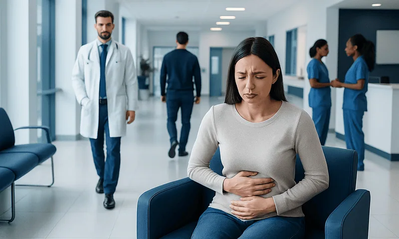 Nausea Feeling After Eating Explained: Common Triggers and Red Flags 9 Woman experiencing nausea in hospital waiting area with medical staff nearby.
