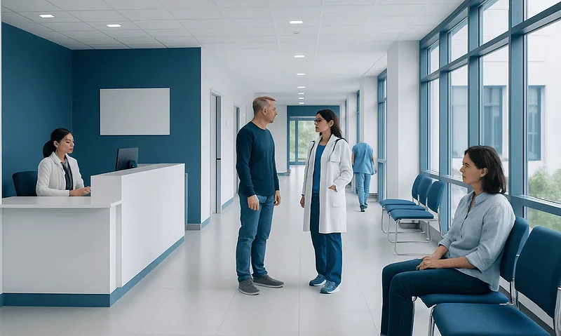 Hospital corridor with medical staff and patients in a modern healthcare facility.