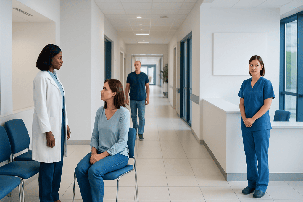 Understanding Neoadjuvant Therapy: A Complete Patient Guide 1 Medical consultation in hospital corridor with healthcare professionals and patient.