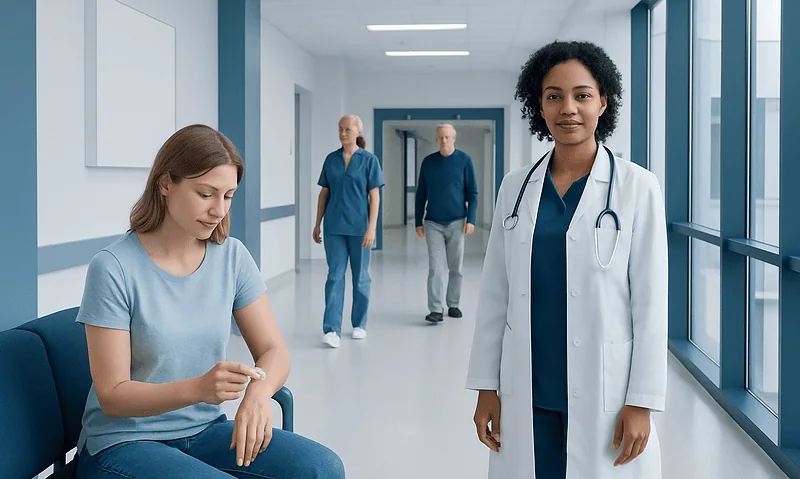 Healthcare professionals and patient in hospital corridor at Acibadem Hospitals Group.