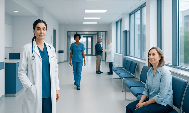 Healthcare professionals and patients in a modern hospital corridor.