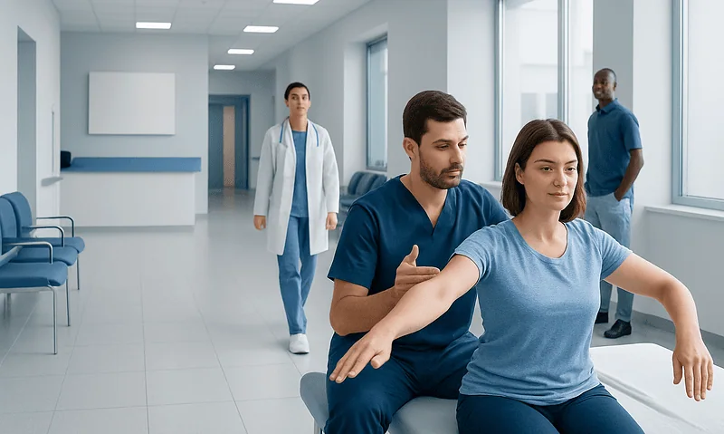 Physical therapy session at Acibadem Hospital with a therapist assisting a patient.
