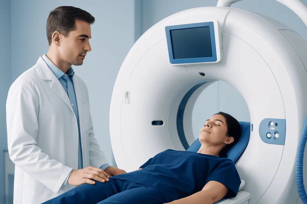 Medical professional prepares patient for CT scan in hospital.